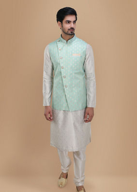 alt message - Manyavar Men Light Blue Kurta Jacket Set image number 1